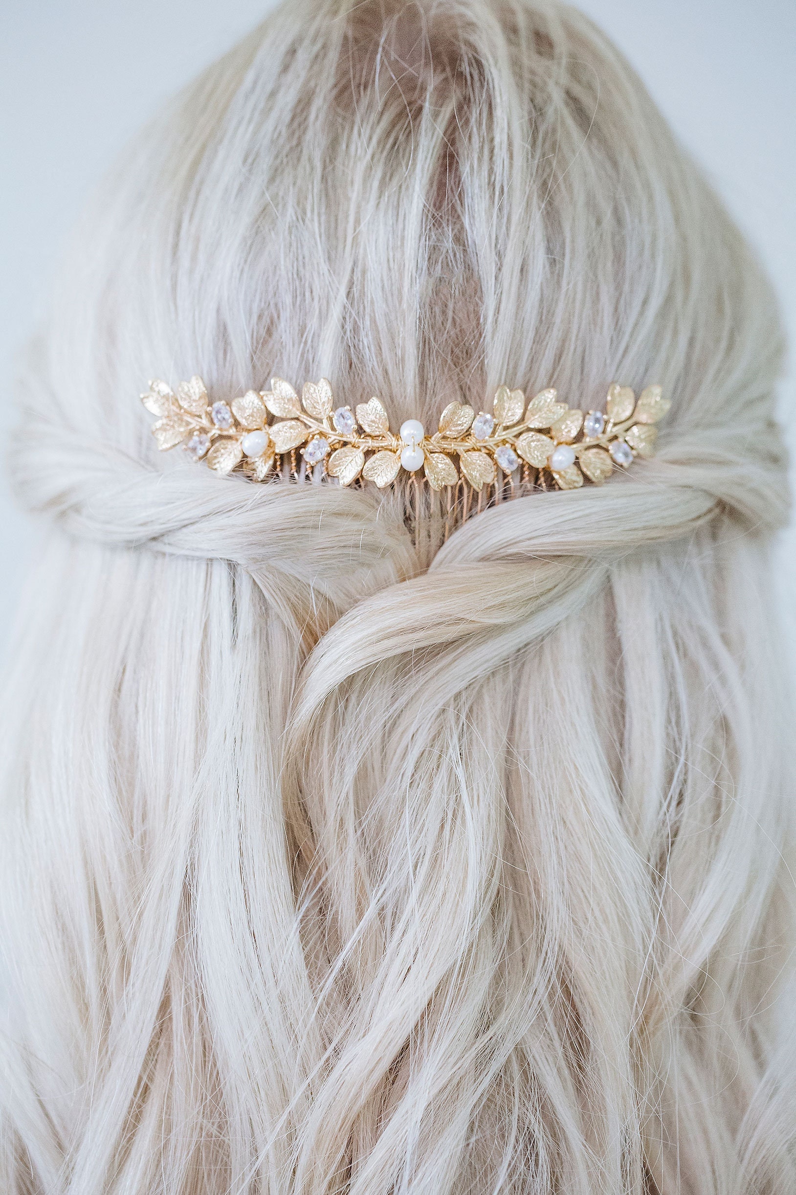 Bridal Gold Leaf Pearl Crystal Hair Comb, Wedding Hair Comb 