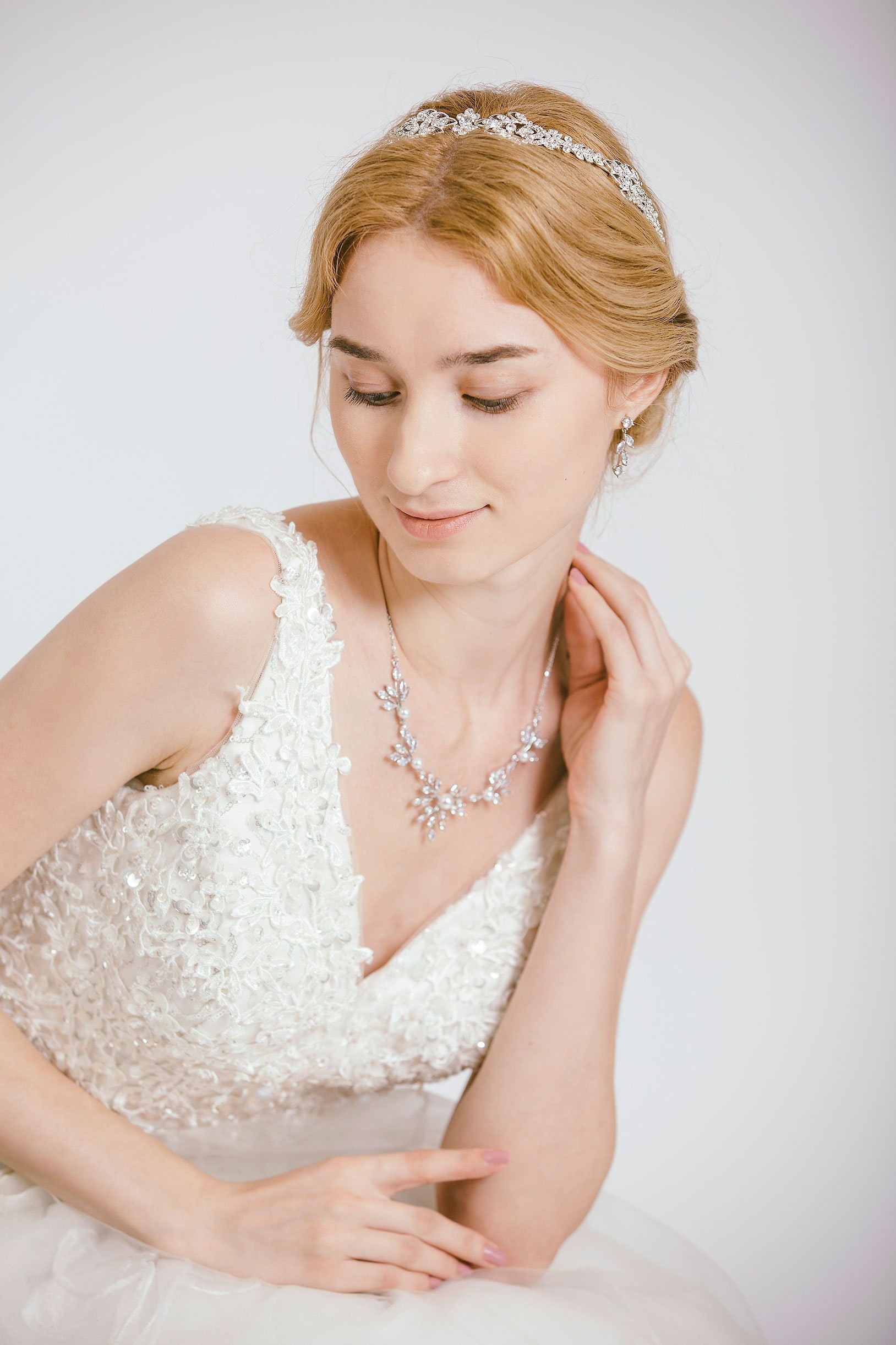 Bridal CZ Long Drop Necklace, Wedding Pearl Necklace, Swarovski Wedding Necklace, Nature Inspired Bridal Jewelry, Crystal Necklace, "Renata"