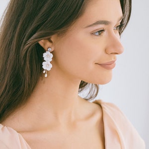 Bridal White Floral Drop Earrings, Wedding Pearl Earrings, Wedding Flower Earrings, Bridal Dangle Earrings, Flower Earrings, Alexia image 4