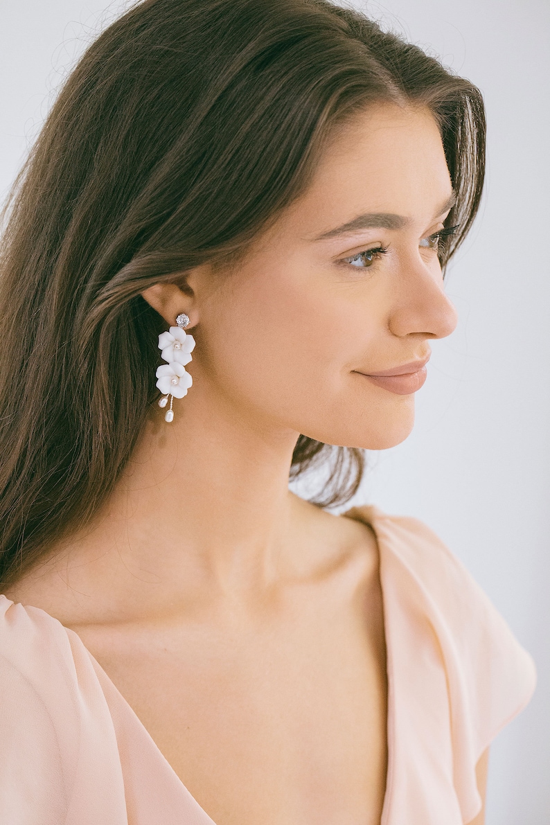Bridal White Floral Drop Earrings Wedding Pearl Earrings Etsy