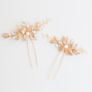 Bridal Gold Leaf Crystal Hair Pins Gold Leaf Hair Pins Gold Hair Pins Floral Hair Pins Bridesmaid Hair Pins, Zelda zdjęcie 8