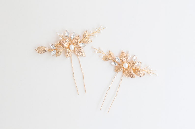 Bridal Gold Leaf Crystal Hair Pins Gold Leaf Hair Pins Gold Hair Pins Floral Hair Pins Bridesmaid Hair Pins, Zelda zdjęcie 8