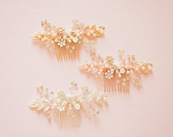 Bridal Flower Hair Comb, Bridal Side Comb, Floral Hair Comb, Rose Gold Hair Comb, "Victoria"