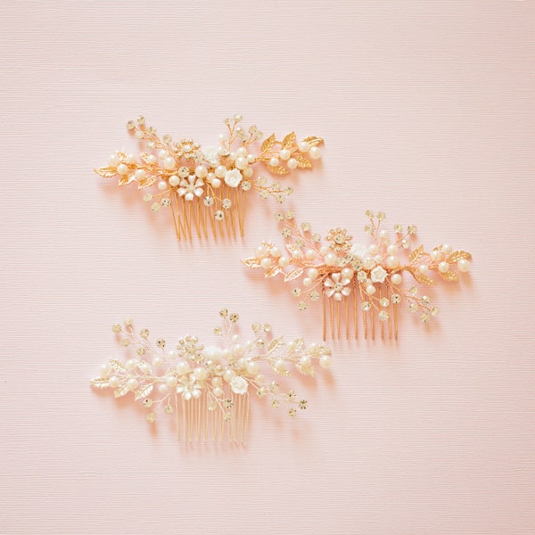 Bridal Flower Hair Comb, Bridal Side Comb, Floral Hair Comb, Rose Gold Hair Comb, "Victoria"