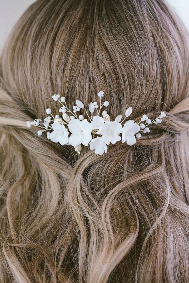 Gold Flower Wedding Hair Comb, Ceramic Floral Bridal Comb, Spring Wedding Hairpiece, Handcrafted Small Hair Comb, Wedding Accessory, Psalm image 6