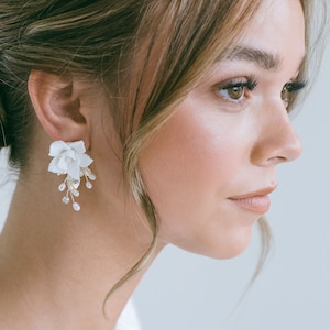 White Flower Drop Earrings, Floral Wedding Pearl Earrings, Wedding Flower Earrings, Bridal Dangle Earrings, Flower Earrings, "Cecilia"