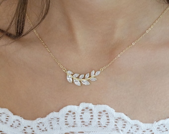 Bridal Simple Crystal Necklace, Gold Crystal Necklace, Leaf Design Necklace, Bridesmaid Jewelry Necklace, Bridal Jewelry, "Ayla"