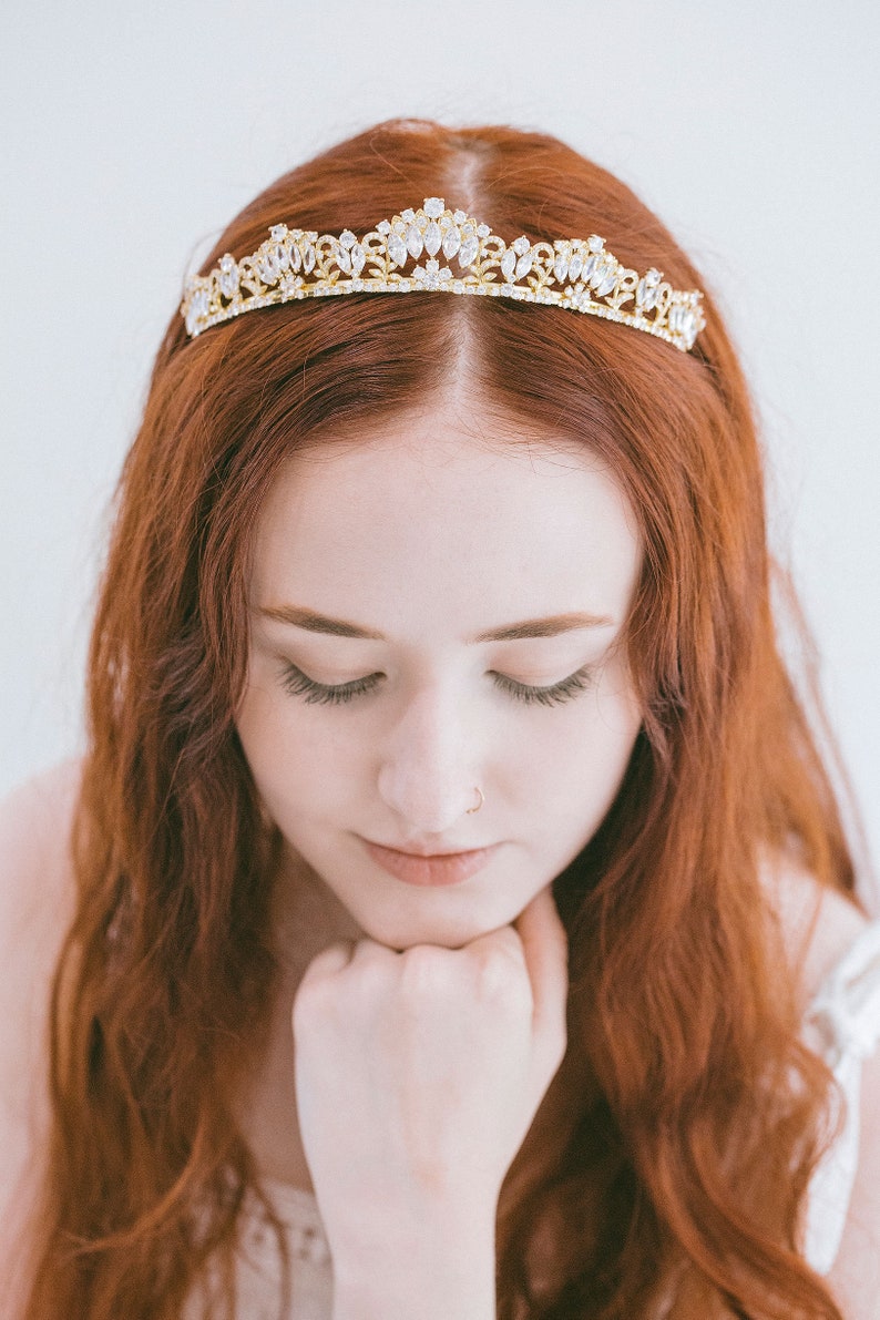 Bridal Crown Tiara Hair Down Gold Rose Gold Silver, Wedding Crown Headband, Bridal Tiara, Wedding Headpiece, Bridal CZ Crown, Vienna image 9