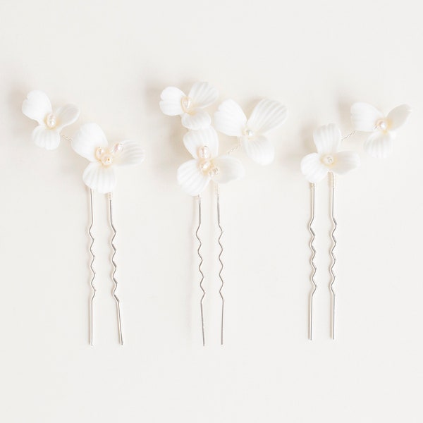 Wedding White Flower Hair Pin, Bridal Flower Pins, Flower Girl Hair Accessories, Bridal Hair Pins, Flower Headpiece, "Lorelai Pins"