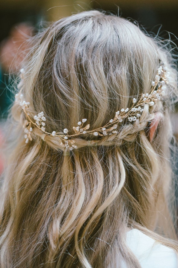 Pearl Leaf Crystal Hair Vine, BOHO Crystal Hair Vine, Gold Bridal