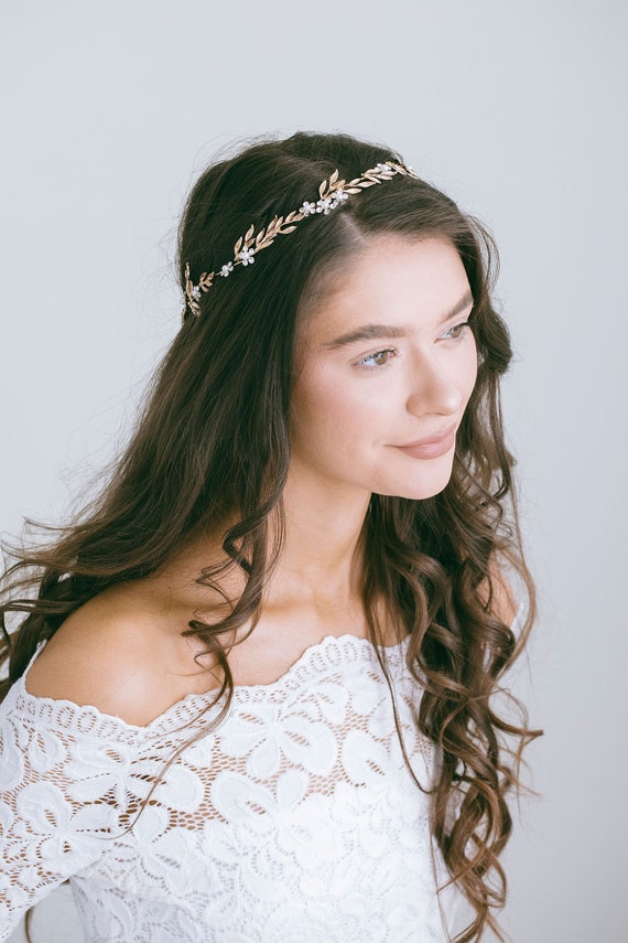 Bridal Crystal Leaf Hair Vine Headband, Gold Leaf Hair Vine  display picture 3