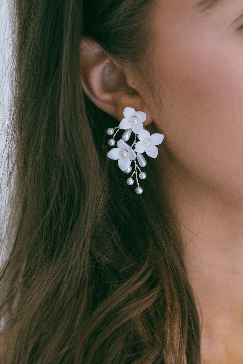 Bridal White Floral Earrings, Clay Flower Earrings, Wedding Flower Earrings, Bridal BOHO Earrings, Bridesmaid Earrings, Blaise image 2