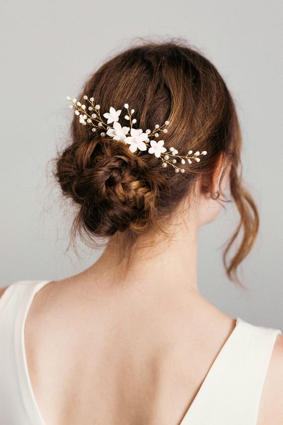 Elegant White Floral Bridal Hair Comb and Pins - Gold Accents 61fedodWb9L._AC_UF350,  main image 2