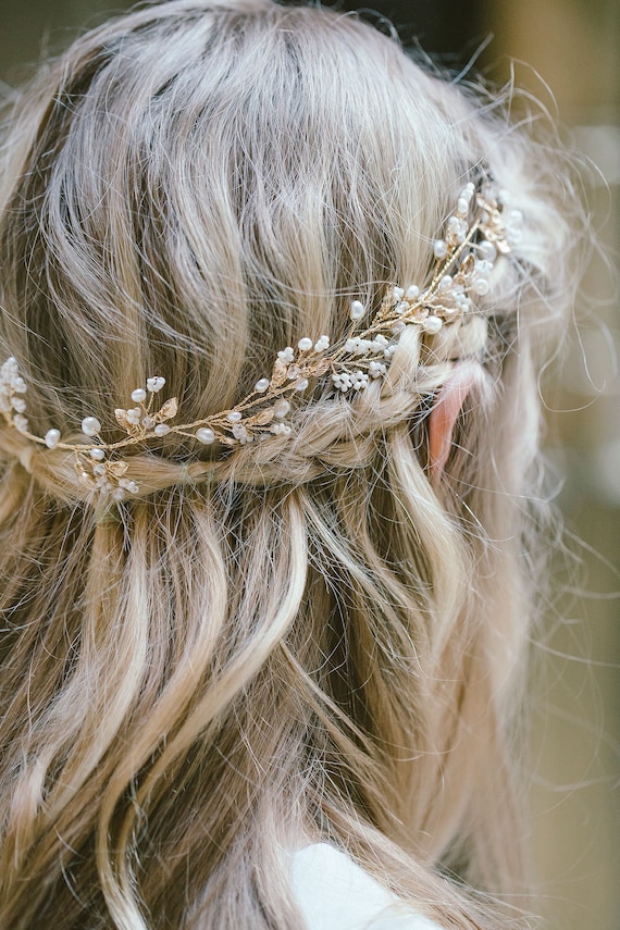 Pearl Leaf Crystal Hair Vine BOHO Crystal Hair Vine Gold Bridal