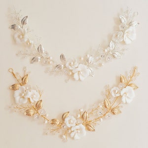 Bridal Gold Flower Hair Vine, Gold hair vine, Gold Leaf Hair Vine, Bridal Updo Hair Accessories, Flower Hair Vine, “Lily-Rose”