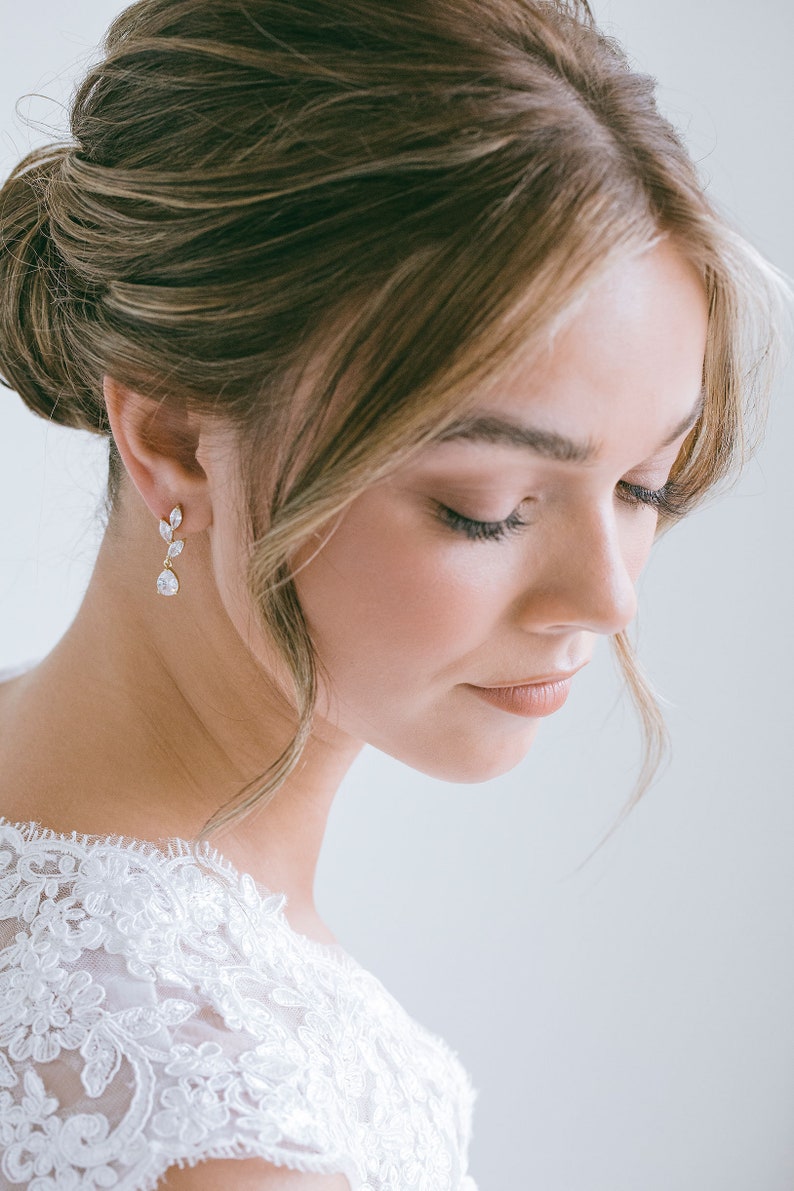 Crystal Leaf Drop Earrings, Wedding CZ Earrings, Bridesmaid Jewelry, Wedding Earrings, Simple Crystal Earrings, Yolanda image 2