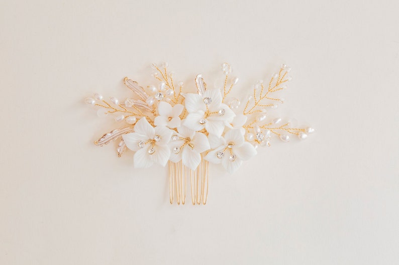 Bridal Floral Hair Comb, Ivory Flower Hair Comb, Bridal Hair Flower, Flower Hair Vine, White Flower Comb, Gold Flower Hair Comb, Camellia image 8