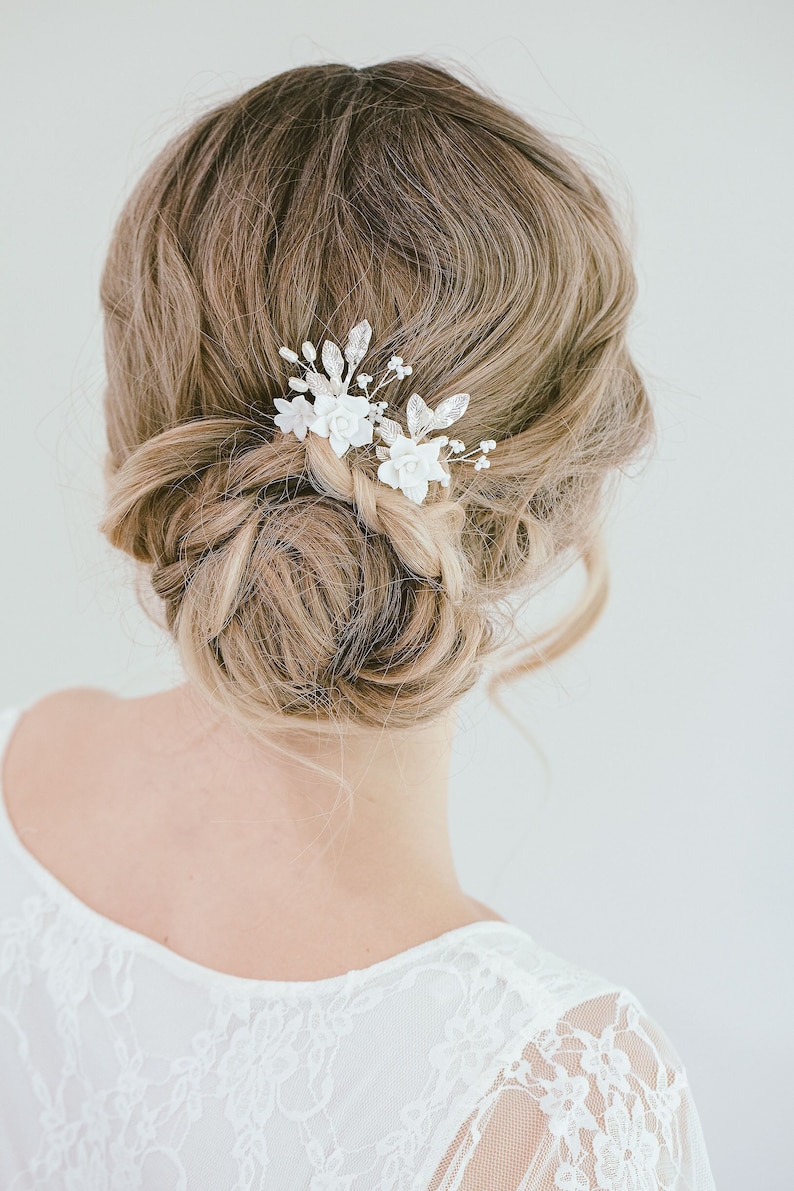 Wedding Clay White Flower Hair Pin Set, Bridal Floral Hair Pins, Flower Hair Accessories, Bridal Hair Pin, Floral Headpiece, Cecilia Pin Silver