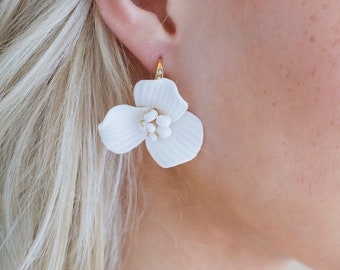 Romantic Clay Flower Earrings, Single Flower Studs, Pearl Bridal Floral Earrings, Wedding & Prom Jewelry, Simple Bridal Earrings, "Violette"