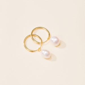 Wedding Pearl Hoop Dangle Earrings, Wedding Simple Pearl Earrings, Natural Freshwater Pearl Dangle Earrings, &quot;Perl&quot;