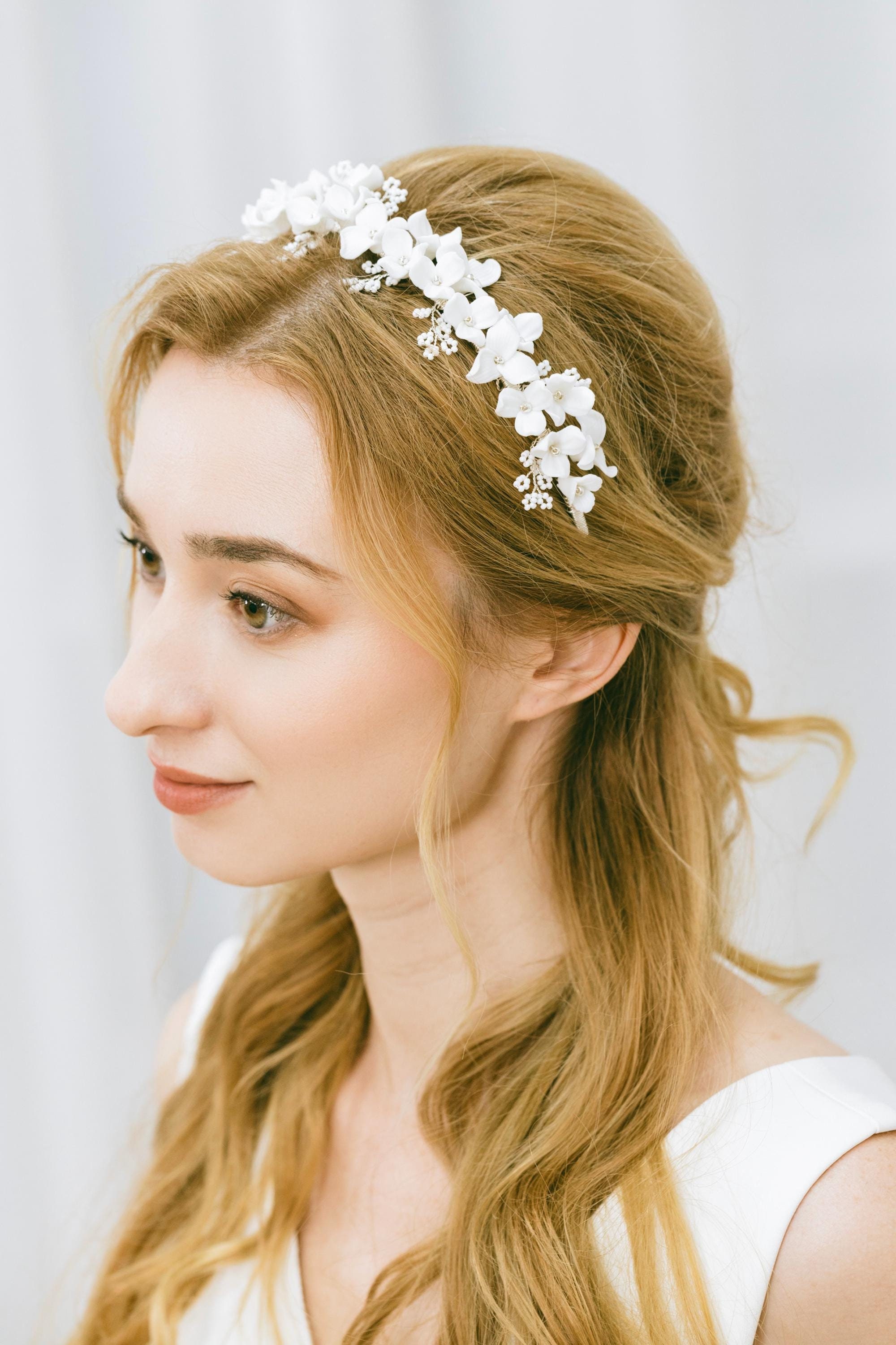 Bruidsbloem hoofdband, bruiloft kroon, witte bloem kroon, bloem bruids zendspoel, bruiloft haaraccessoires, bloemen haarband, "Thalia"