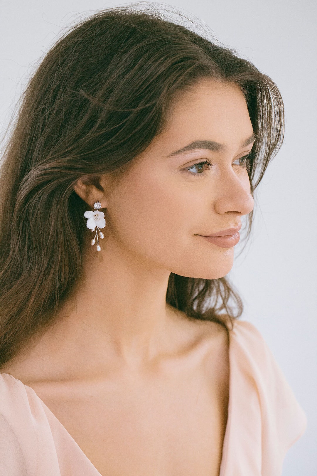 Bridal White Floral Drop Earrings, Wedding Pearl Earrings, Wedding