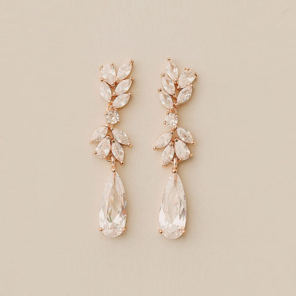 Pendientes de novia de cristal Swarovski, pendientes de boda de oro rosa, pendientes colgantes, collar de novia "Brielle".