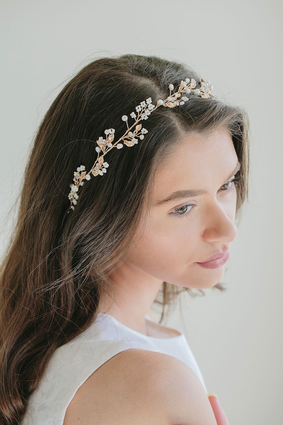 Elegant Gold Pearl Headband Elegant Gold Bridal Headband With Pearls & Crystals  main image 3