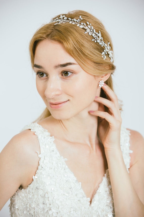 Opal stones and crystal headpiece. White Opal and Clear Crystal Couture Wedding Headpiece main image 3