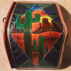 Completely handmade, hand-stitched, hand coloured one of a kind boho custom billfold leather wallet - desert scenery - vegetable tanned