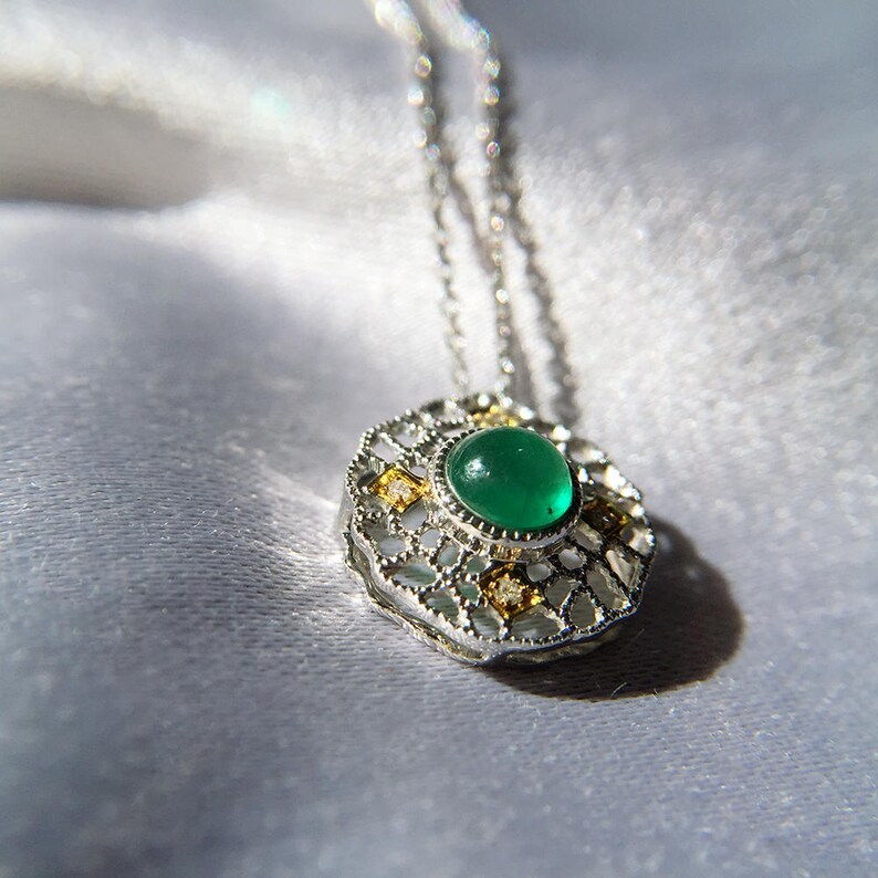 18K White Gold Diamond natural emerald necklace pendant | Etsy