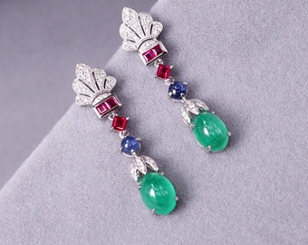 18K white Gold with Diamond ,ruby  sapphire and emerald Earrings