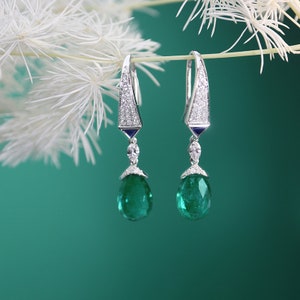 Dangle emerald Designer jewelry 18K emerald Earrings Emerald Diamond Sapphire ear hook water drop rose cut  Drop Earrings