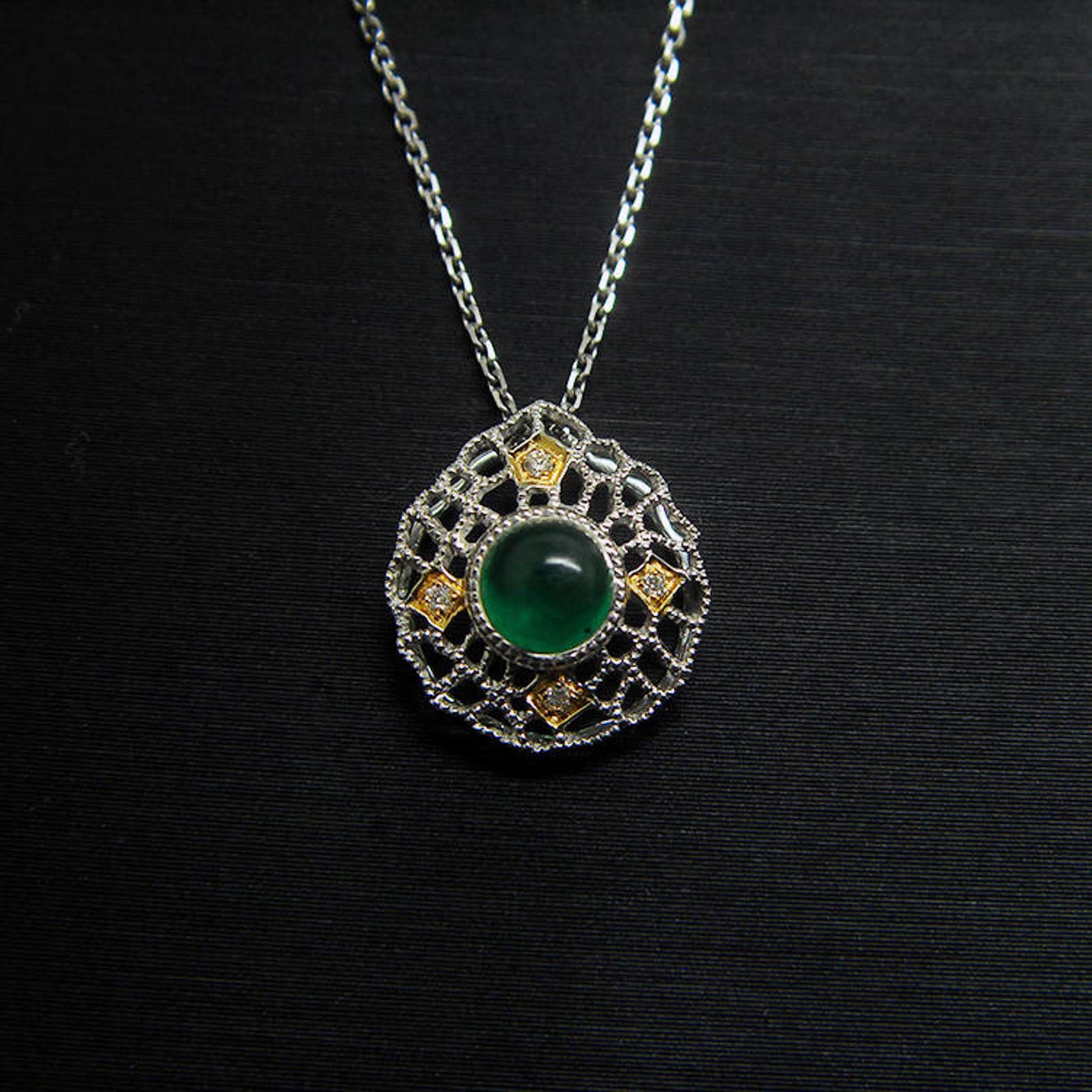 18K White Gold Diamond Natural Emerald Necklace Pendant - Etsy