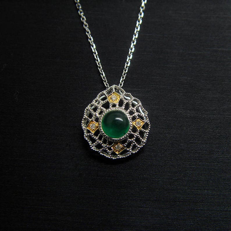 18K White Gold Diamond natural emerald necklace pendant | Etsy
