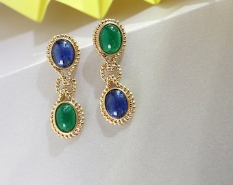 Pendientes de zafiro con 18K esmeralda pendientes de zafiro pendientes retro cuerda de cáñamo zafiro Diseño de contraste azul y verde vintage