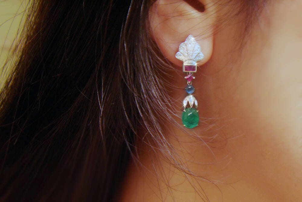 18K White Gold With Diamond ruby Sapphire and Emerald - Etsy