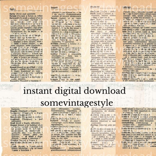 French English Dictionary Vintage digital printable kit Junk Journal Printables, Instant Download Pack C