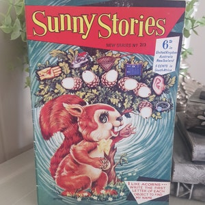 A vintage children's book cover featuring a cartoon squirrel holding an acorn. The cover is blue and green with a swirling pattern. The title "Sunny Stories" is in yellow letters. The book is from a new series, number 213. The price is 6 pence in the United Kingdom, Australia, and New Zealand, and 5 cents in South Africa.