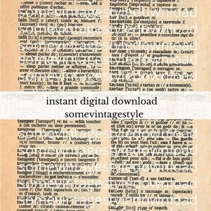 Puede incluir: Una página de diccionario de estilo vintage con una lista de vocabulario francés-inglés. La página está amarillenta y tiene un aspecto desgastado y envejecido. Las palabras están impresas en tinta negra y están organizadas alfabéticamente. La página está titulada "Takings" y "Tax" en la parte superior y "Descarga digital instantánea" en la parte inferior.