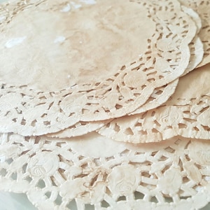 Coffee Dyed Paper Lace Doilies, Vintage Style Ephemera (22cm, 10pk)