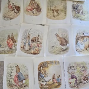 Può includere: Una collezione di undici stampe su carta individuali raffiguranti illustrazioni ad acquerello di conigli in vari ambienti esterni e interni, incluse scene con verdure, paesaggi di giardini e interni domestici, realizzate in tenui toni della terra.