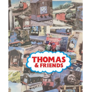 May include: A collage of images featuring Thomas the Tank Engine and his friends. The images include various characters, such as Thomas, Percy, Gordon, and James, in different settings and activities. The collage is a colorful and fun representation of the popular children's television show.