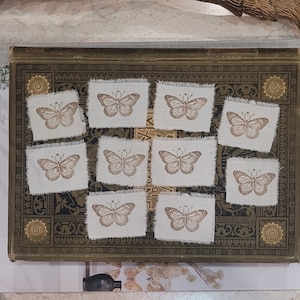 Butterfly stamped fabric patches for junk journals embellishments, hand sewing and craft : 10 pack