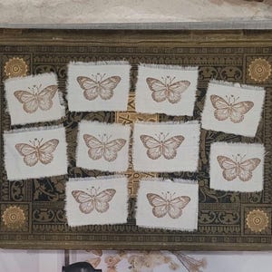 蝶の手押しスタンプ生地モチーフピース（ジャンクジャーナルの装飾、手縫い、クラフト用）：10枚セット
