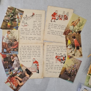 Vintage Christmas Cardmaking paper pack | Santa Claus vintage ephemera Junk Journal Paper, red children's book pages, 11 pieces