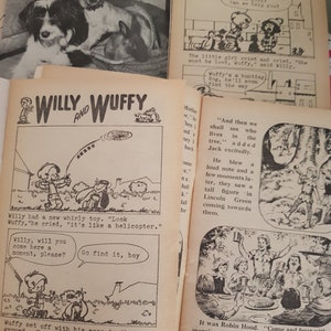 May include: A black and white comic book page featuring a cartoon dog named Willy and his friend Wuffy. The comic book is titled "Willy and Wuffy" and features a story about a lost girl and a hunting dog. The comic book is from the 1950s or 1960s.