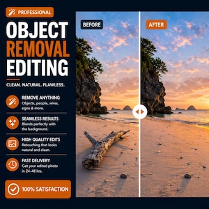 May include: A split-screen image showcasing photo editing services. The left side displays the text "BEFORE" with a beach scene featuring a log. The right side, labeled "AFTER," shows the same scene, edited to remove the log. Text highlights object removal, seamless results, and fast delivery.