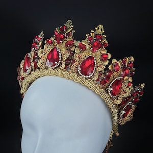 Hohe rote Krone, goldene und rote Krone, rote Blumenkrone,rote Kristall Tiara,rote Brautkrone,rote Festivalkrone,roter Haarschmuck,rotes Diadema