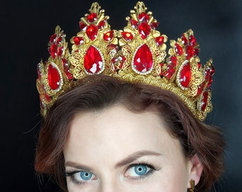 Red crown,Red Baroque Crystal Bridal Tiara, Gold and Red crown,Red wedding crown,Red Queen crown,prom crown, Vintage Red crown,pageant crown